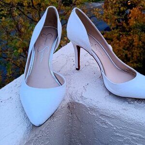 IVORY SNAKE EMBOSSED POINTED TOE HEELS